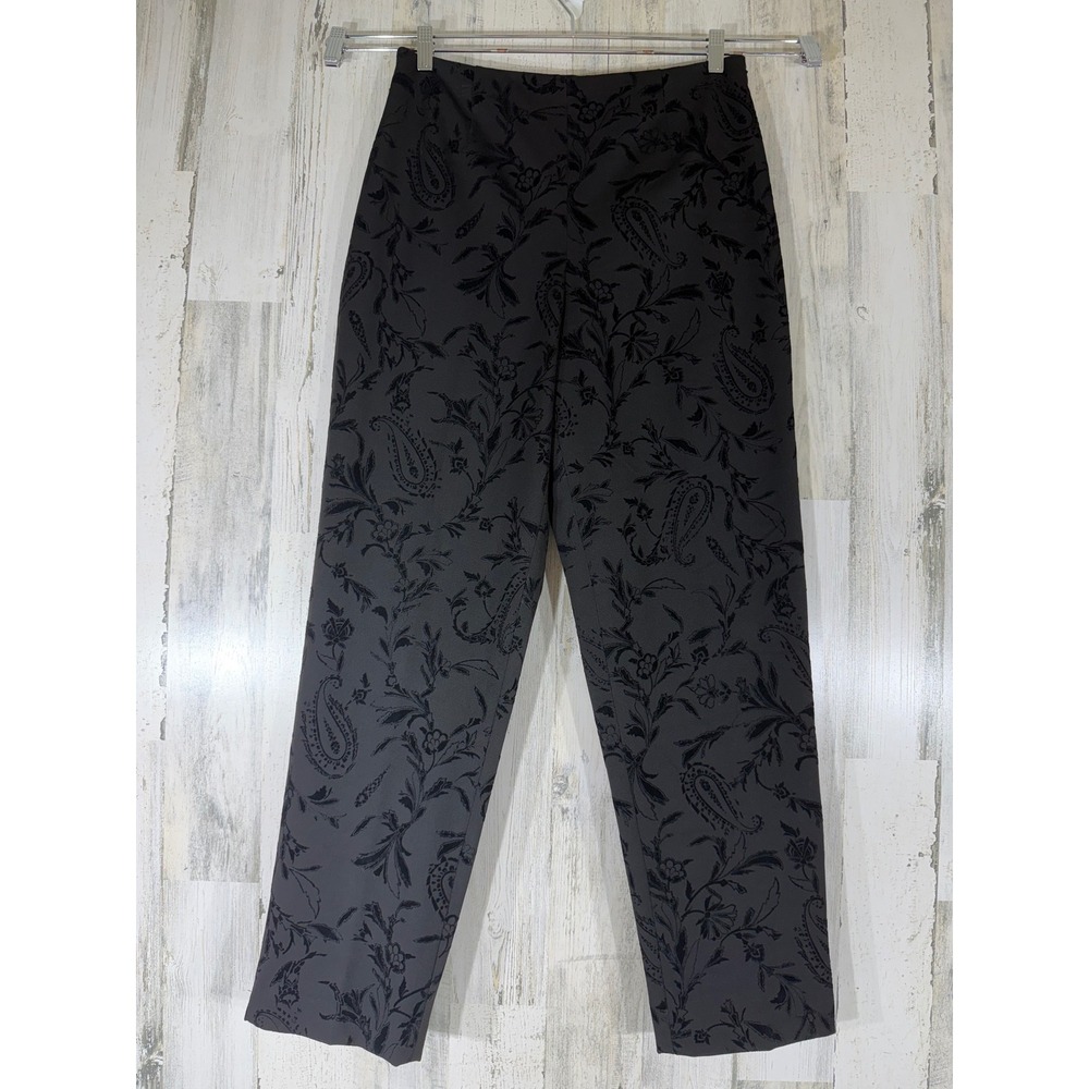 Talbots Dress Pants 12 (30x30) Black Floral Paisley Flocked Velvet Side Zip READ